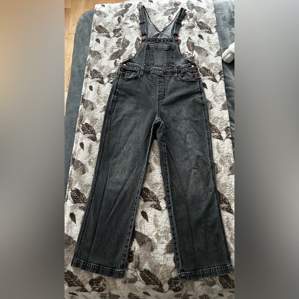 Washed black denim overalls